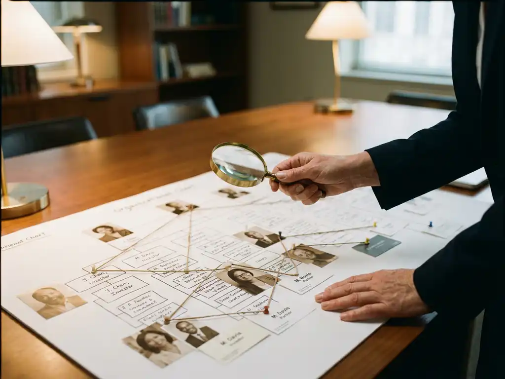 Businesswoman examining organizational chart with magnifying glass on conference table surrounded by stakeholder photos and cards