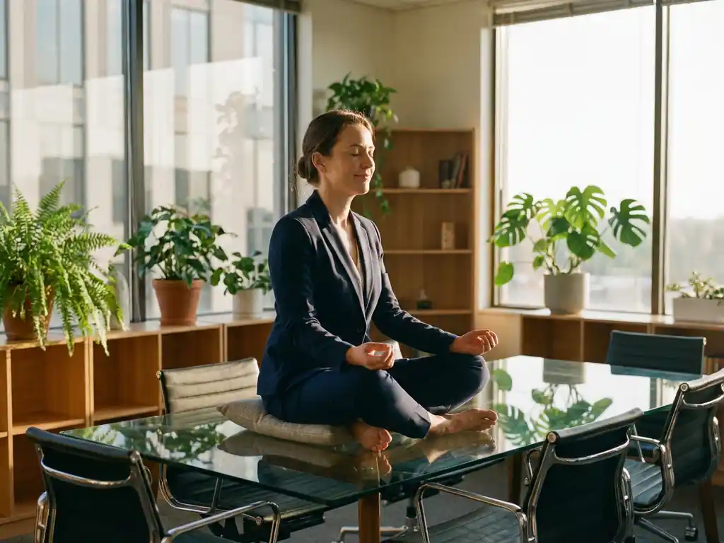 Businesswoman meditating at modern office conference table surrounded by plants in golden sunlight