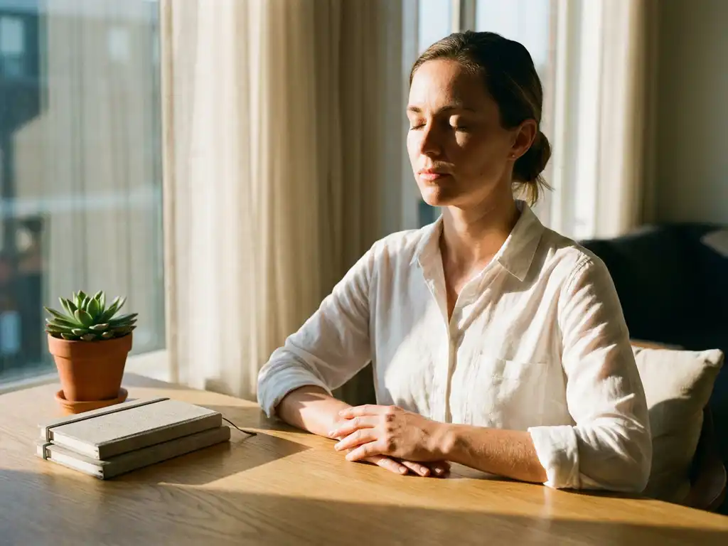 Professional businesswoman meditating at wooden desk with succulent plant, eyes closed in peaceful pose with sunlight streaming through office windows.