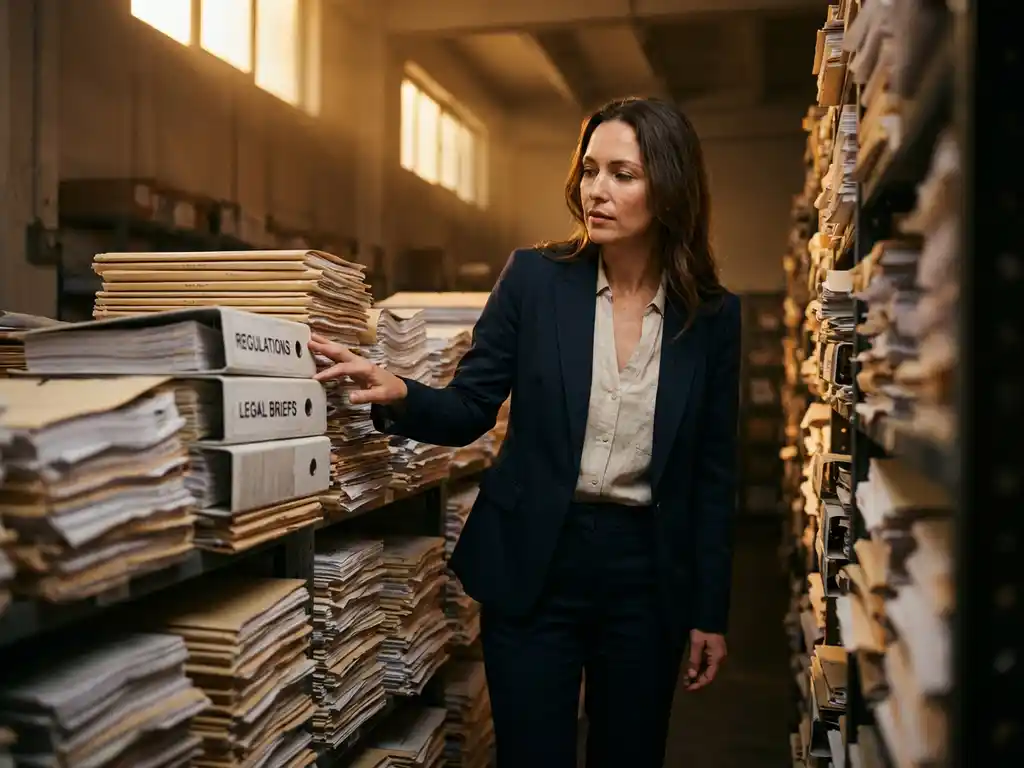 Professional businesswoman in navy suit navigating through maze of legal documents and regulation binders with dramatic lighting.