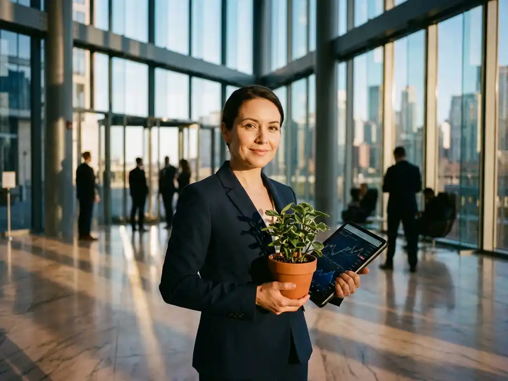 Professional businesswoman in navy suit holding potted plant and tablet with financial charts in modern glass office