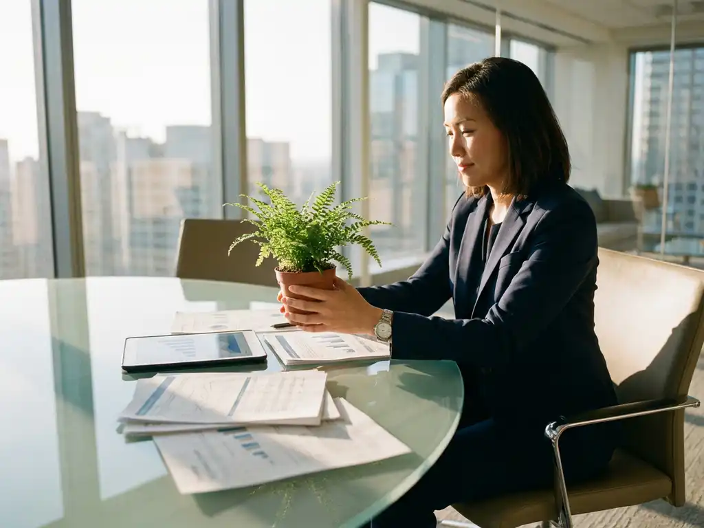 Professional businesswoman in navy suit holding small potted plant at glass conference table with financial documents