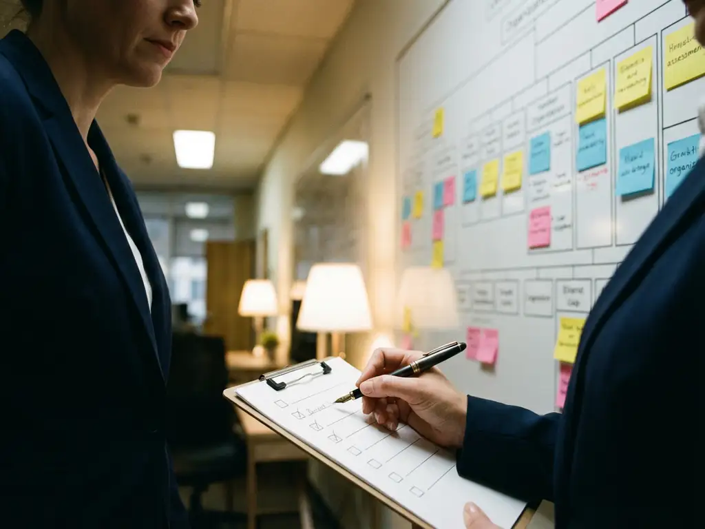 Professional businesswoman in navy suit holding clipboard, marking checkboxes on organizational chart with colorful sticky notes