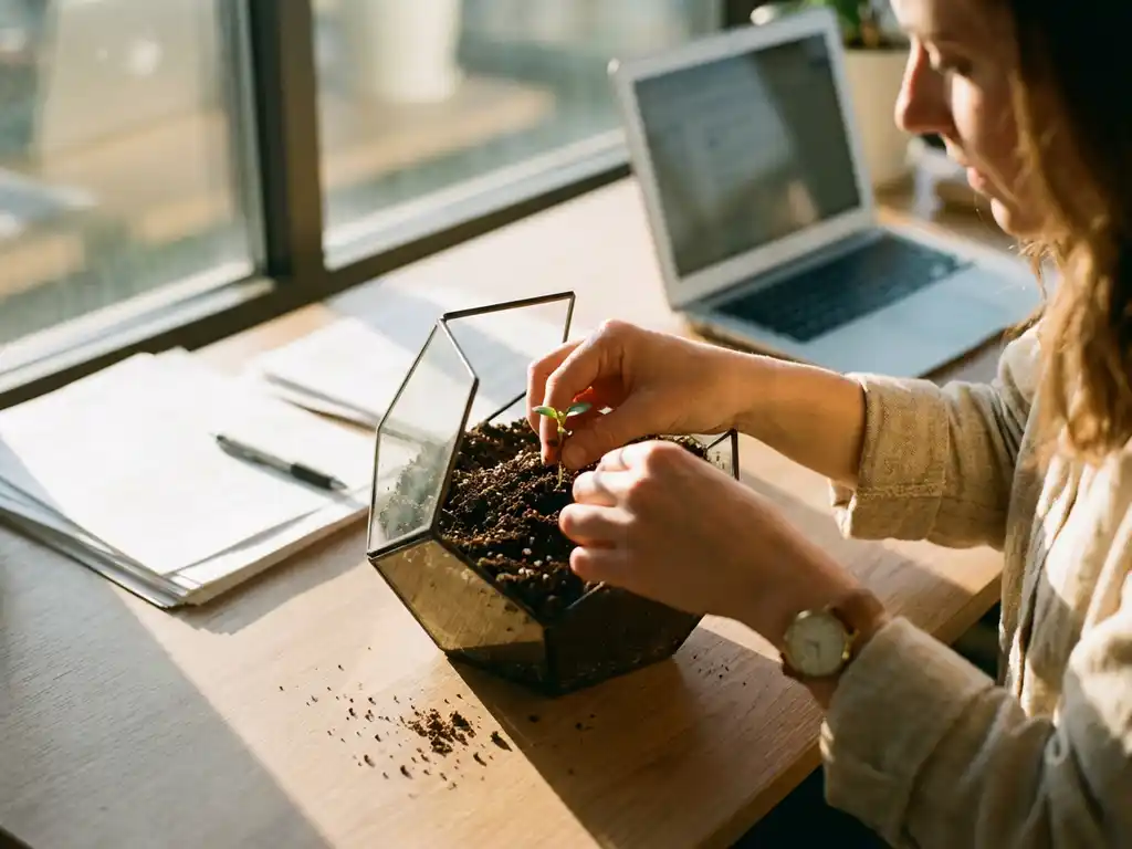 Businesswoman planting green seedling in glass terrarium on wooden desk with laptop and documents in sunlit office