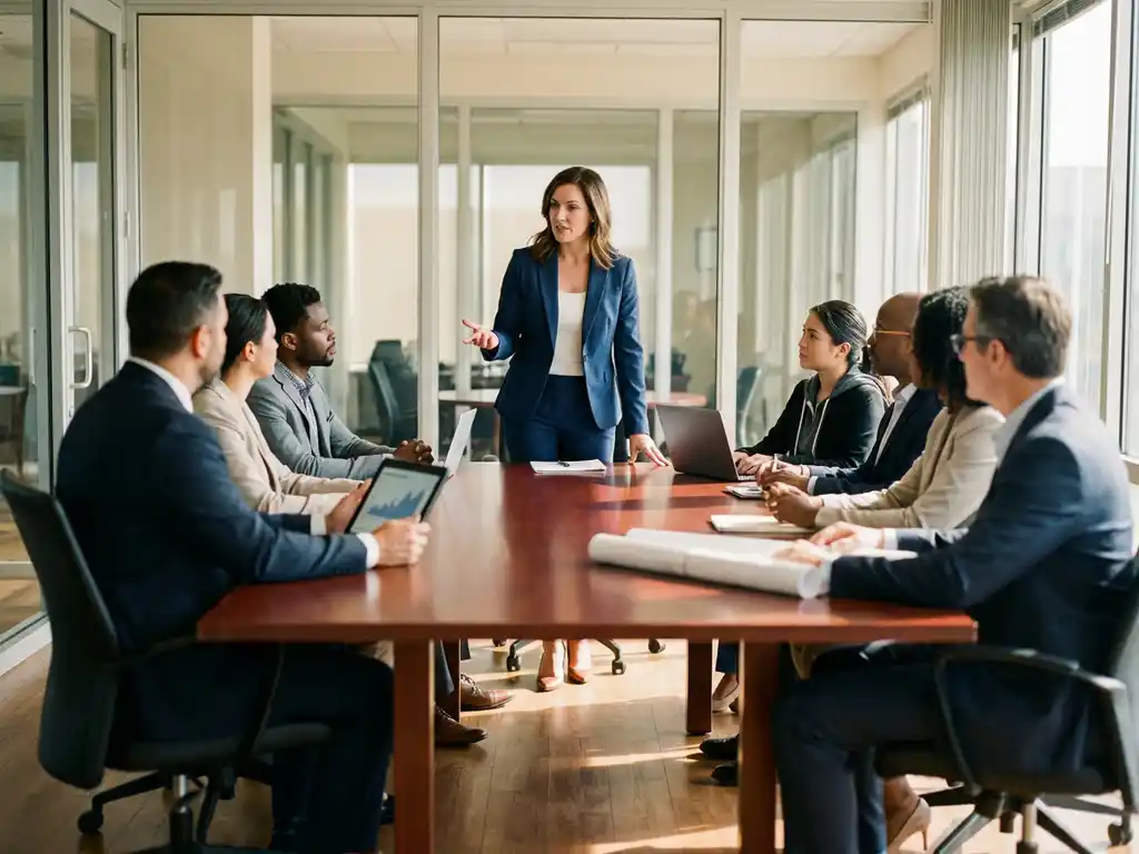 Professional businesswoman in navy suit presenting to diverse stakeholders around conference table in modern office