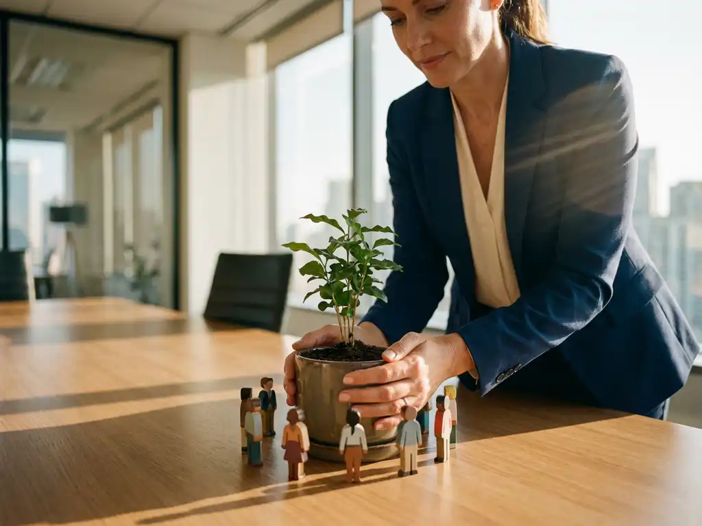 Businesswoman protecting small green plant surrounded by diverse wooden figures on conference table in golden sunlight