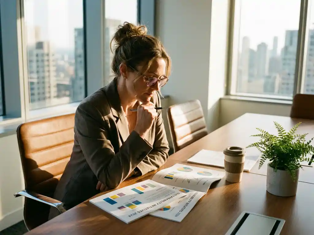 Professional businesswoman reviewing sustainability report with charts at conference table in naturally lit office