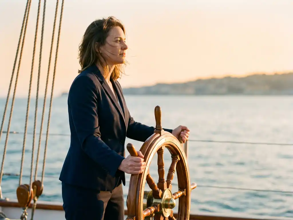 Professional businesswoman in navy suit confidently steering wooden ship's wheel with ocean and golden sunset behind her.