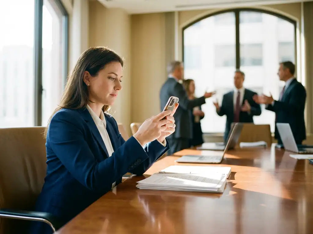 Businesswoman in navy blazer using smartphone at conference table during office meeting with colleagues in background