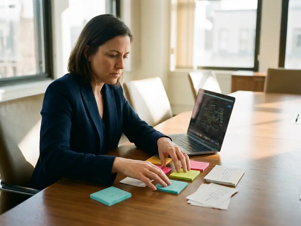 Professional businesswoman organizing colorful sticky notes at conference table with laptop displaying network diagram