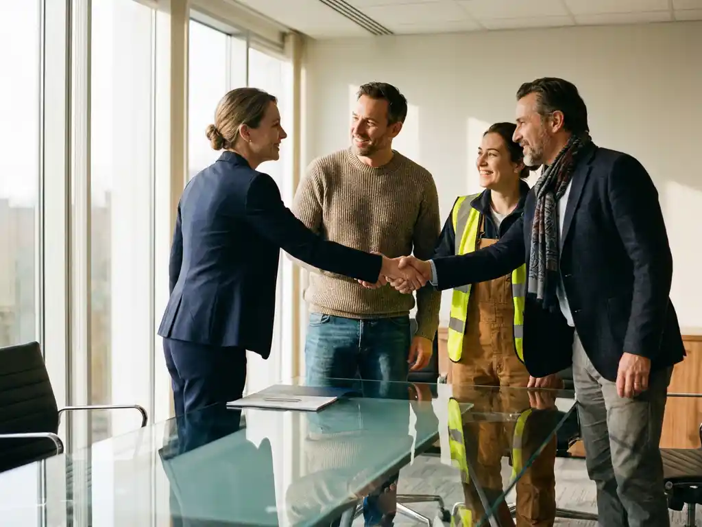 Professional businesswoman in navy suit shaking hands with diverse stakeholders around glass conference table in bright meeting room.