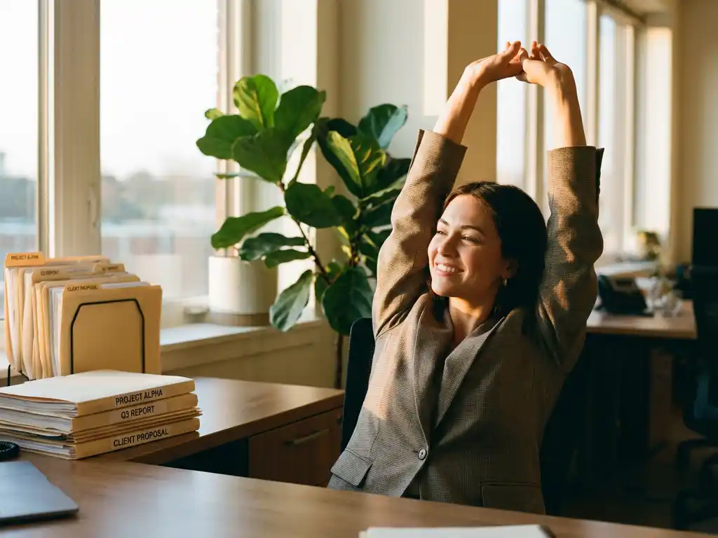 Professional businesswoman stretching arms above head with satisfied smile at office desk with completed project folders