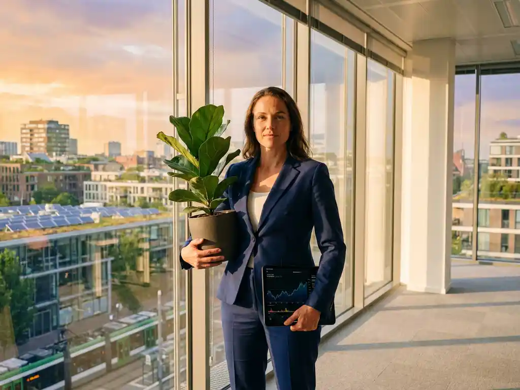 Professional businesswoman in navy suit holding plant and tablet with financial charts in modern glass office with sustainable city view