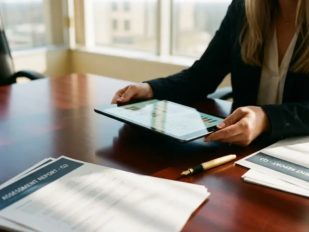 Businesswoman holding tablet displaying colorful analytics charts at conference table with reports and documents
