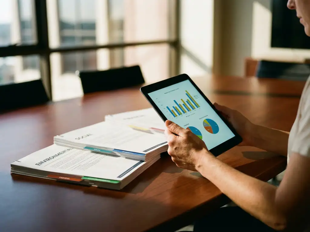 Businesswoman holding tablet displaying colorful data charts with organized ESG reports on wooden conference table