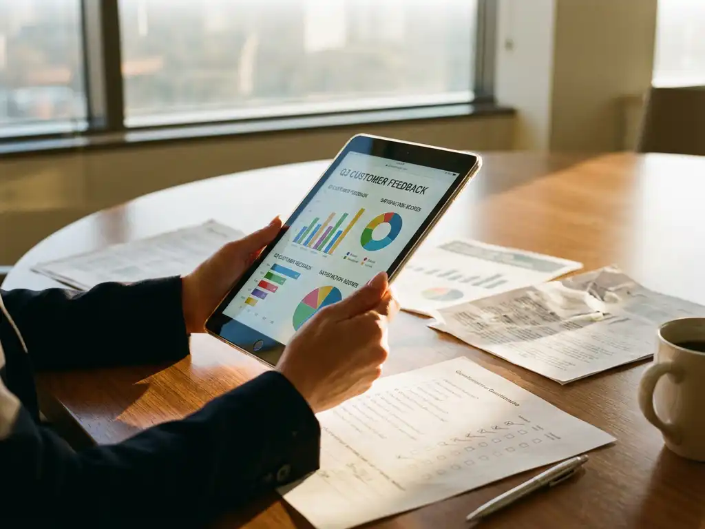 Businesswoman holding tablet displaying colorful survey analytics charts with feedback forms on conference table