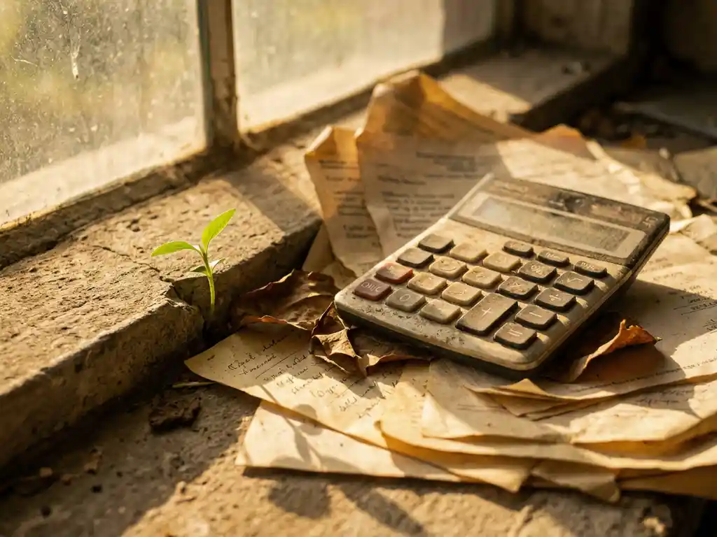 Old calculator on stack of financial reports with wilted leaves, green seedling growing through cracked desk in golden sunlight