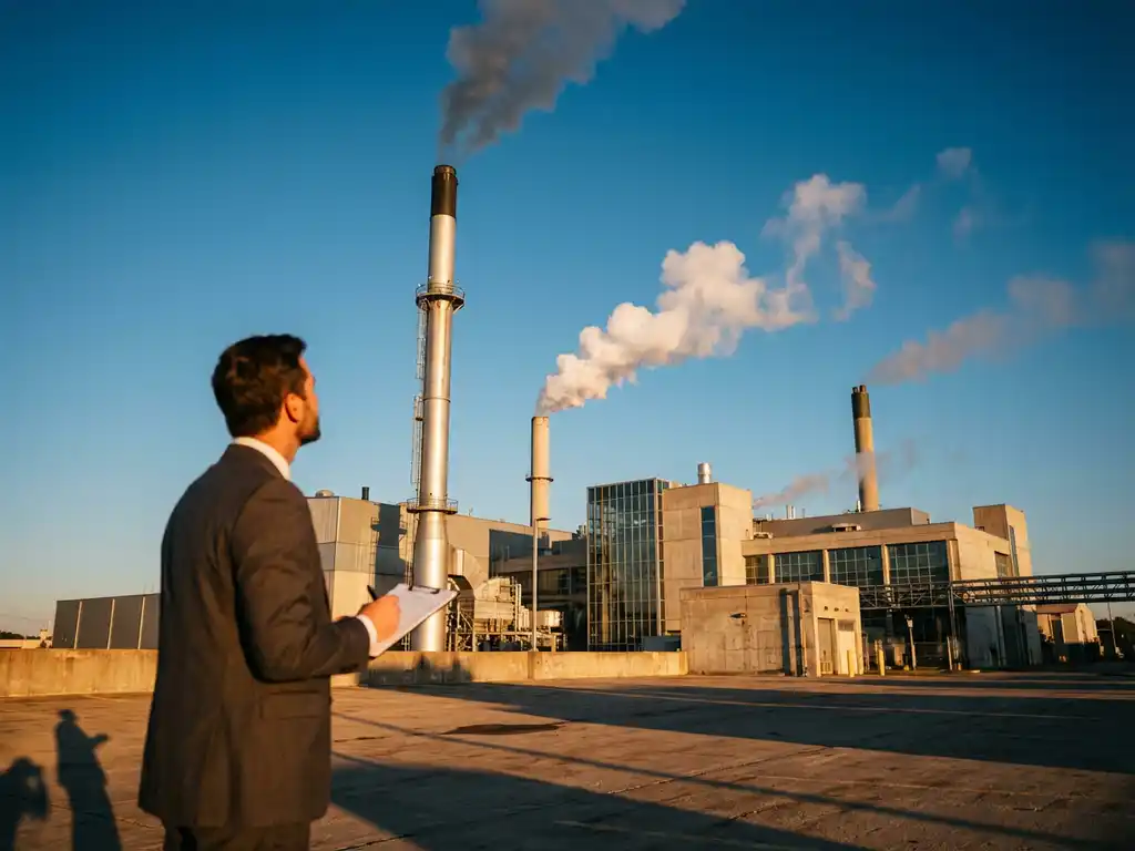 Businessman reviewing industrial facility with three smokestacks emitting different types of emissions against blue sky