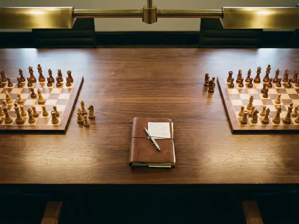Two chess sets face each other across a conference table with a mediator's notebook centered between them in warm lighting.