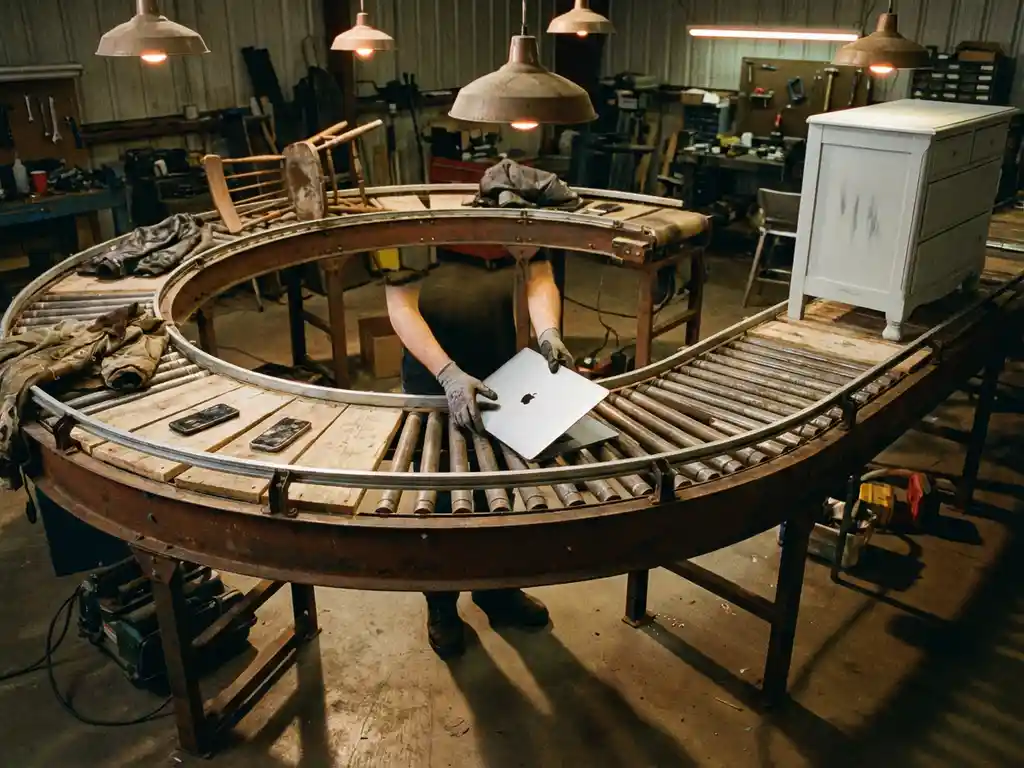 Hands placing refurbished laptop onto circular conveyor belt system with smartphones, clothing, and furniture in repair cycle