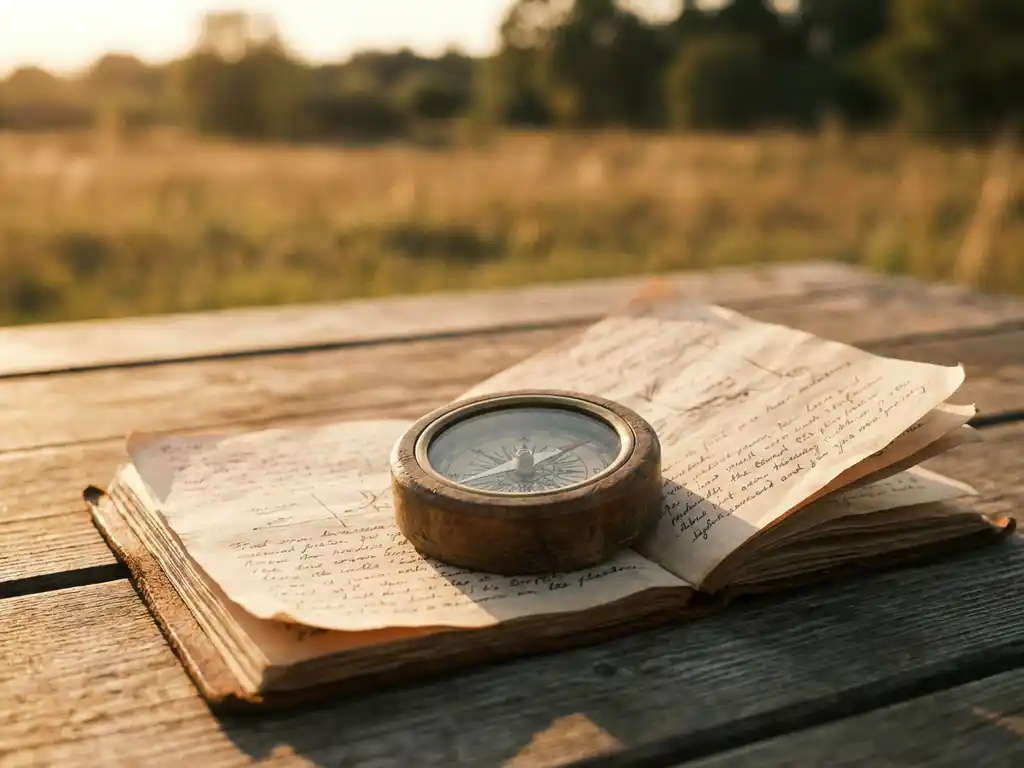 Weathered wooden compass pointing north on open leather journal with handwritten notes in golden sunlight