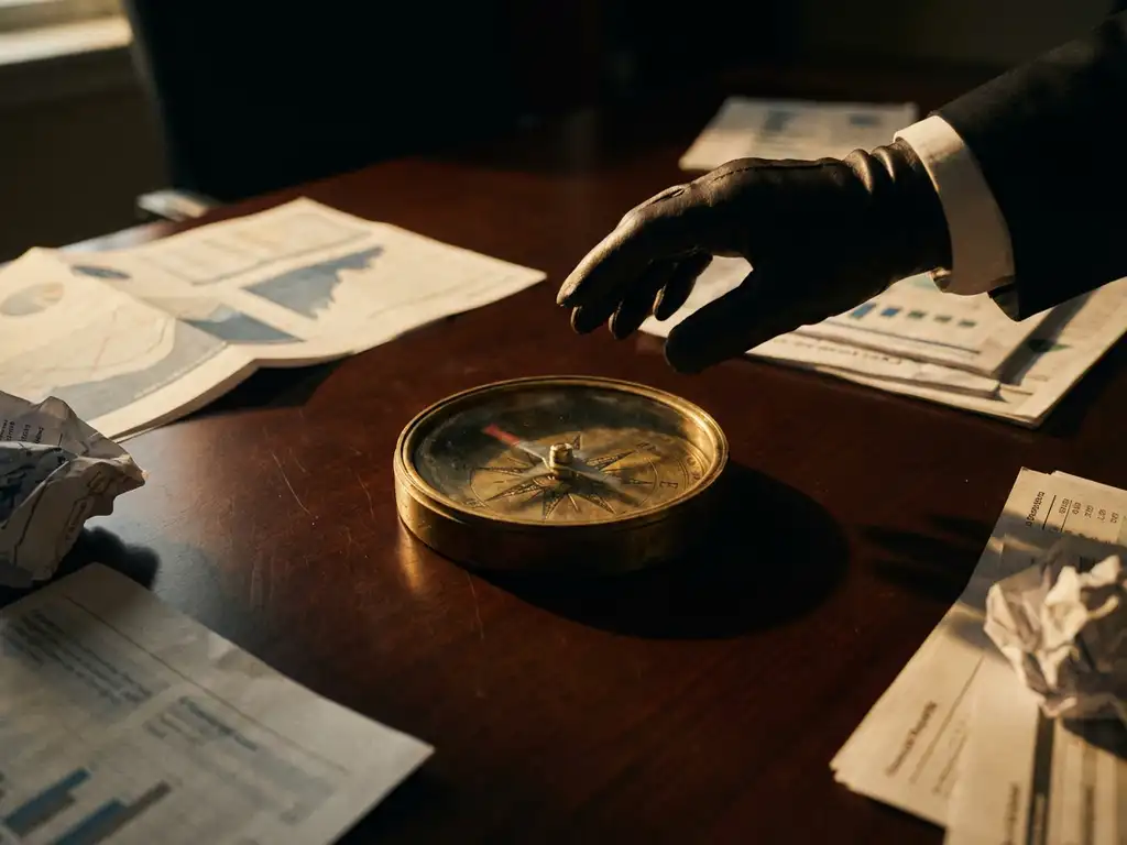 Weathered brass compass with spinning needle on mahogany boardroom table with corporate documents and executive's hand reaching