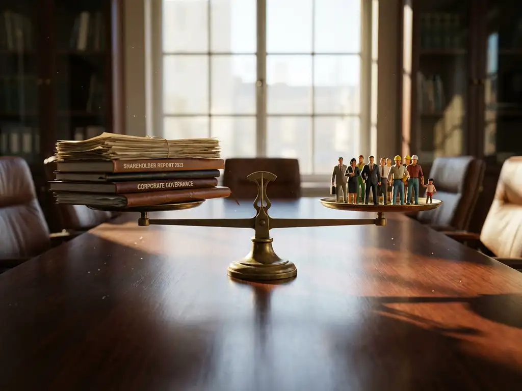 Brass balance scale on wooden conference table weighing corporate documents against diverse employee figures in sunlit office.