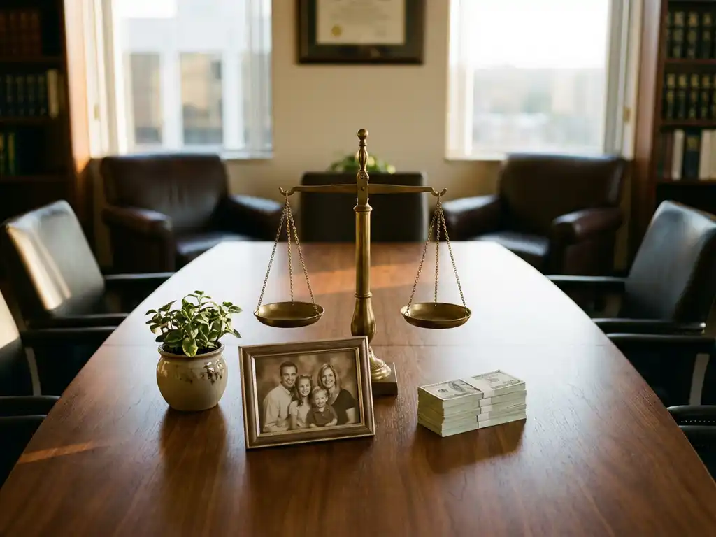 Brass balance scale on wooden boardroom table with potted plant, money stack, and family photo representing sustainability, profit, and community.
