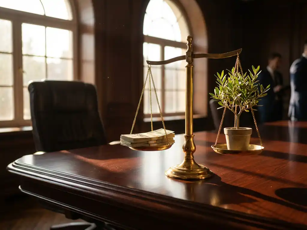 Golden scale on mahogany boardroom table balancing dollar bills against small potted plant, symbolizing business decisions