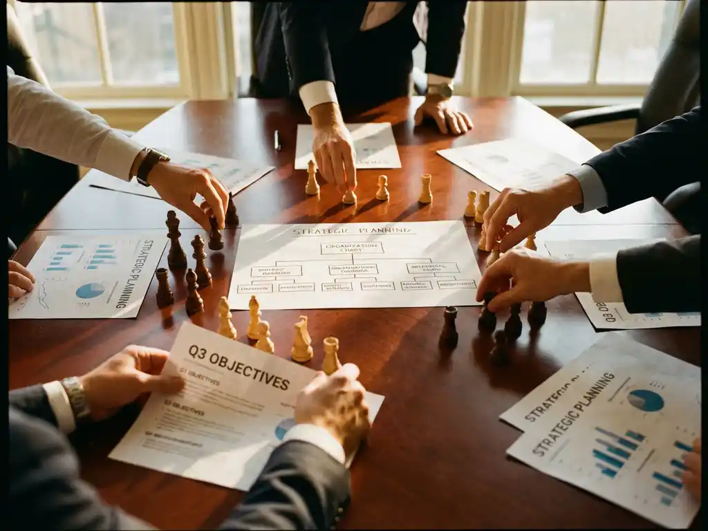 Multiple hands collaborating around mahogany boardroom table, positioning chess pieces and business documents near organizational chart