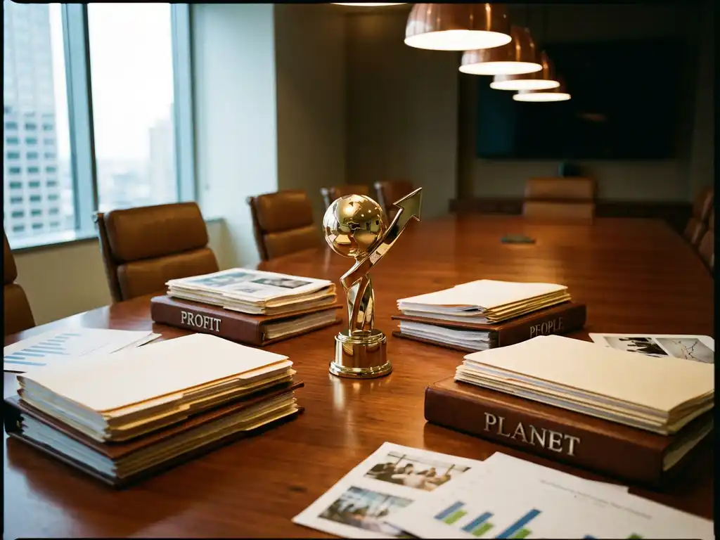 Gold trophy centered on mahogany boardroom table surrounded by three document stacks representing profit, people, and planet.