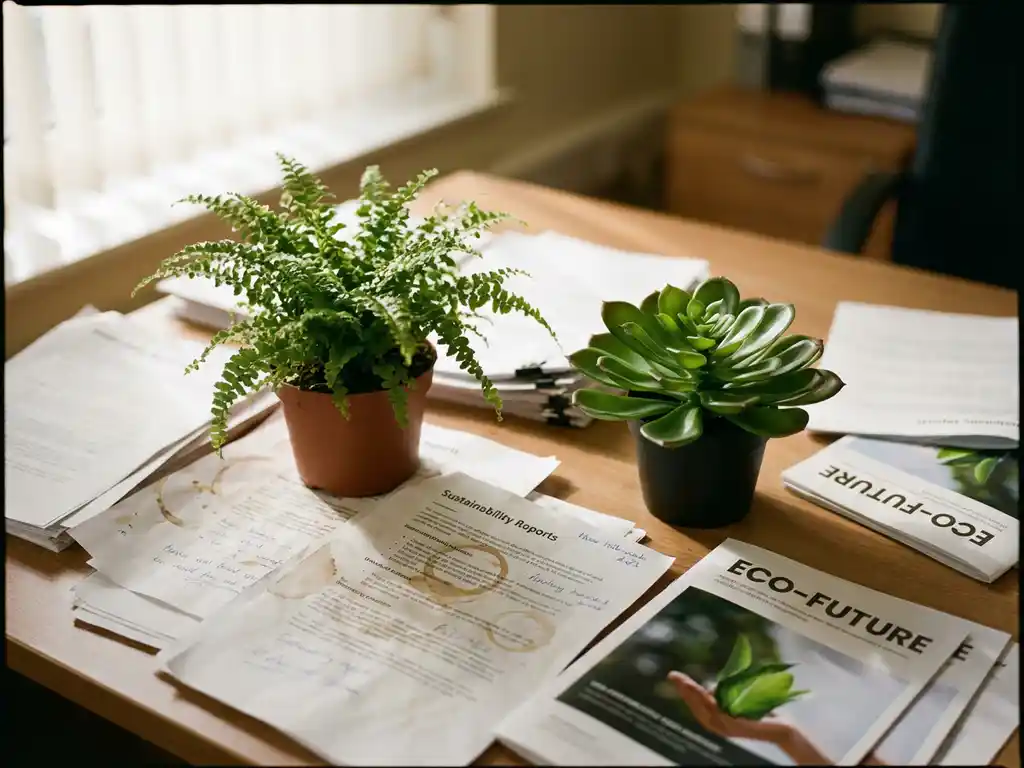 Corporate office desk with real potted plant beside artificial plant under window light, sustainability reports and marketing materials