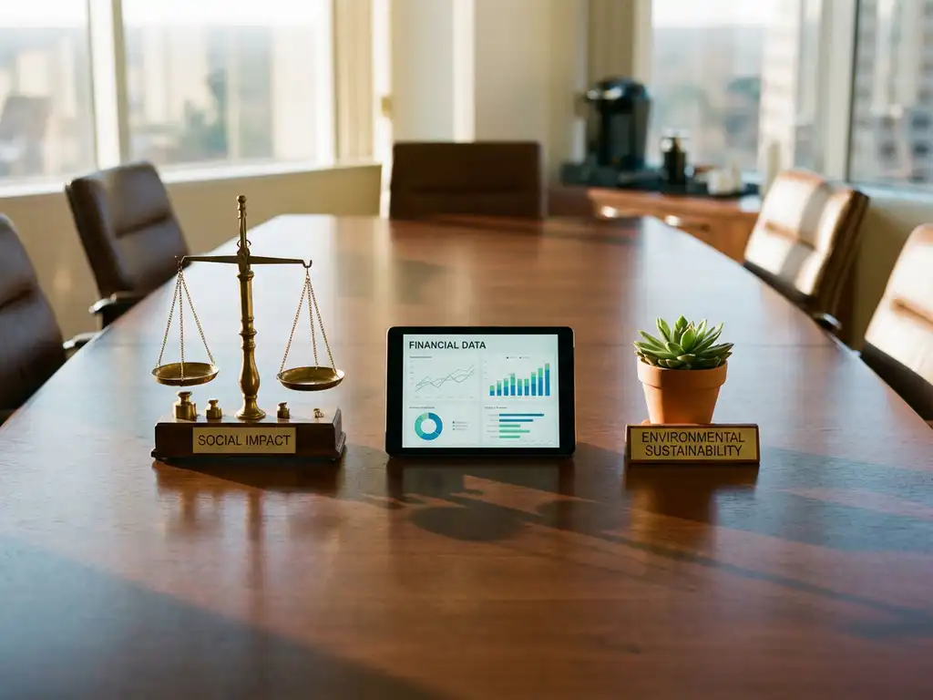 Wooden conference table with brass balance scale, digital tablet showing financial graphs, and potted plant in natural light.