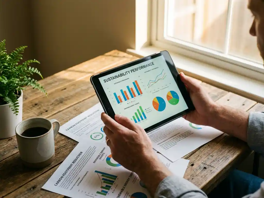 Professional holding tablet displaying colorful data charts above sustainability reports on wooden desk with plant nearby