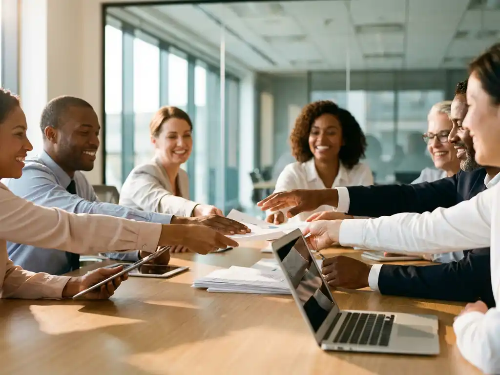 Diverse business professionals collaborating around conference table with hands reaching toward shared documents in bright office