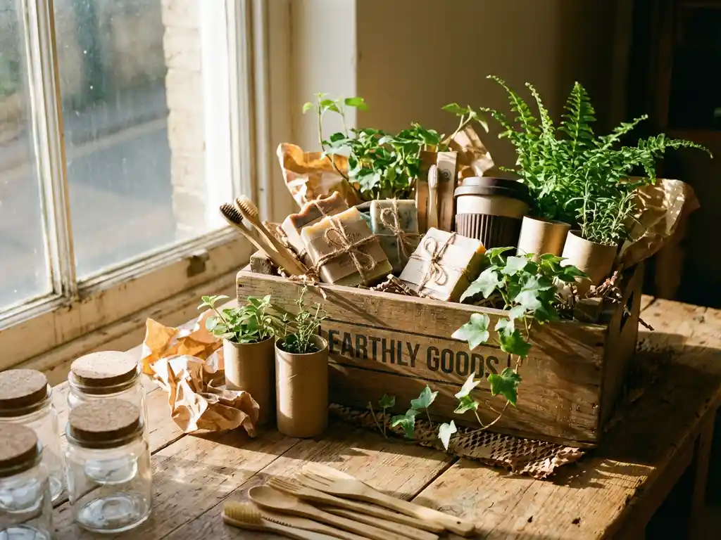 Wooden subscription box filled with eco-friendly products including bamboo utensils and glass containers on rustic table