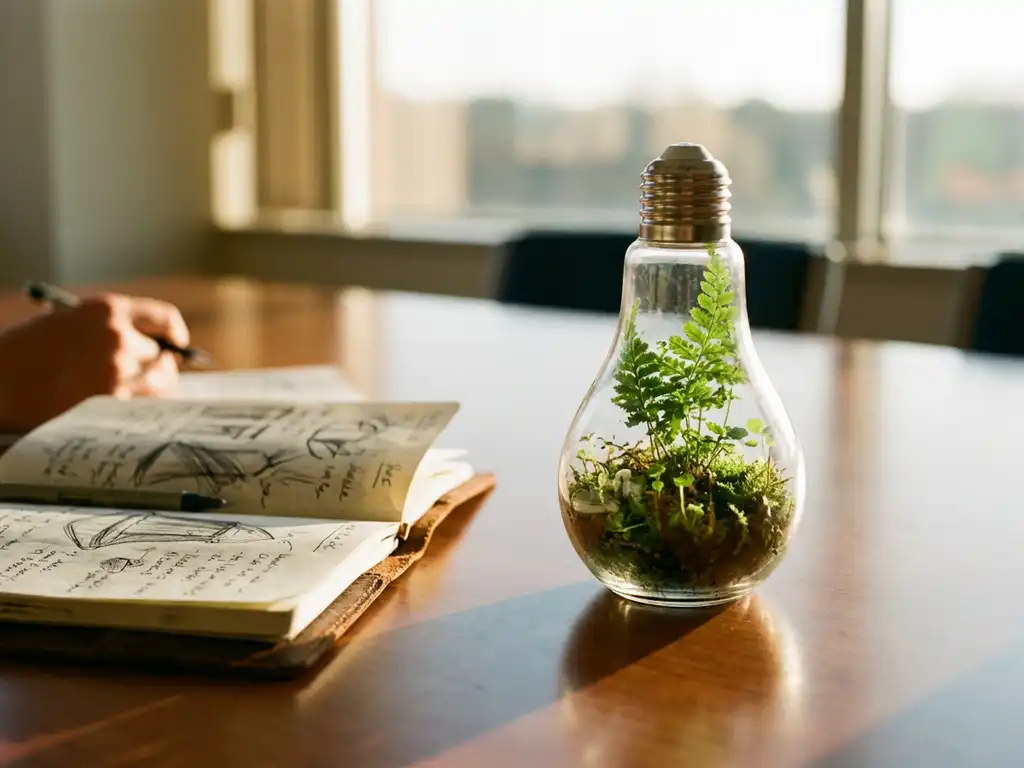 Lightbulb containing miniature green plants and moss on wooden conference table beside open notebook with sketches