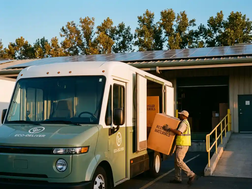 Modern electric delivery truck at eco-friendly warehouse with solar panels, worker loading recycled packages, trees visible