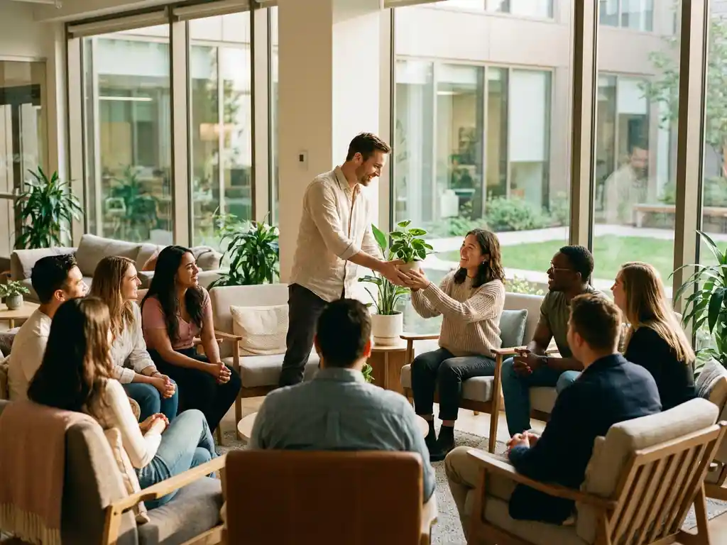 Diverse group of new employees in welcoming circle during orientation as facilitator presents potted plant welcome gift