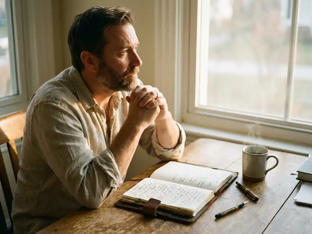 Entrepreneur contemplating at wooden desk with open journal, coffee cup, and fountain pen in warm natural light