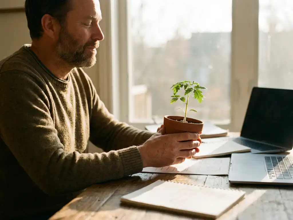 Entrepreneur holding small potted plant at wooden desk with laptop and documents, warm sunlight streaming through window