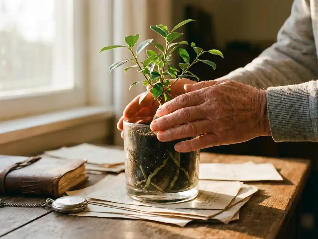 Entrepreneur's hands nurturing green sapling in terracotta pot with visible roots, business documents on wooden desk in sunlight