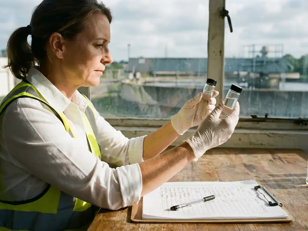Environmental auditor examining water quality samples in glass vials at laboratory workspace with industrial facility visible in background.