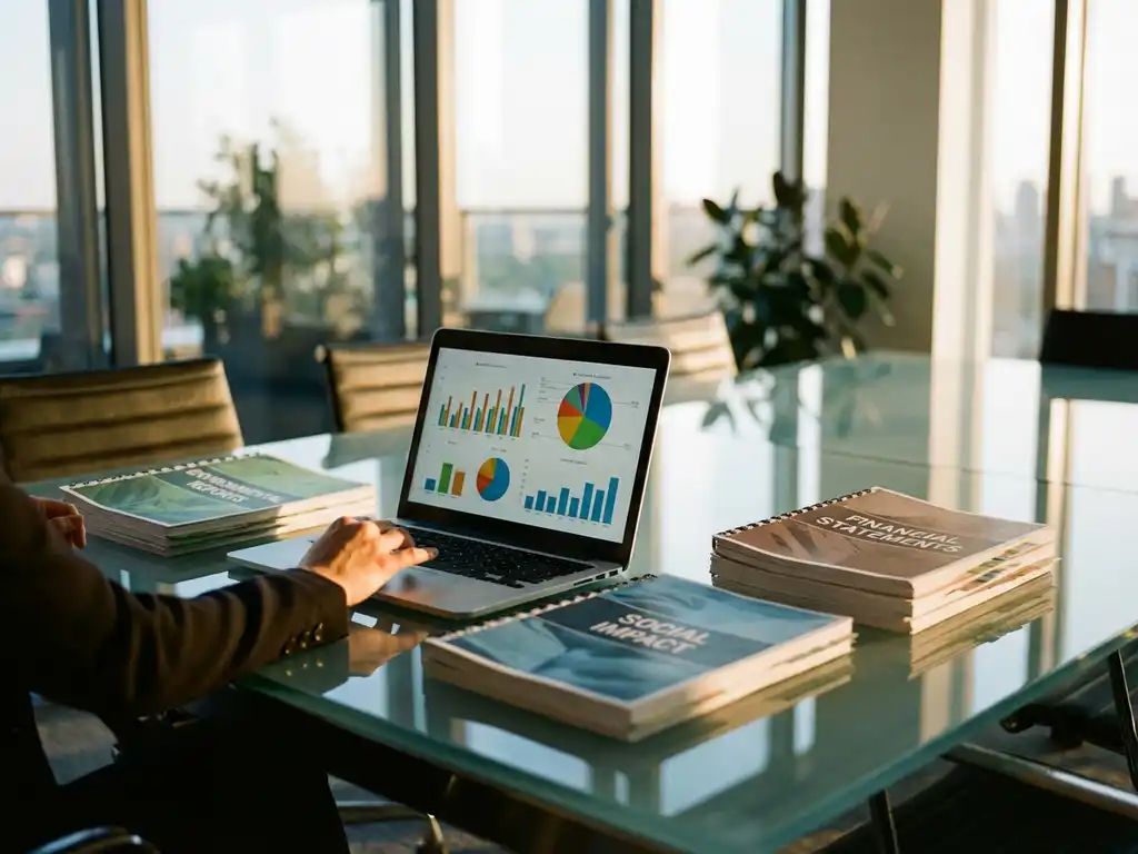 Professional using laptop displaying data charts at glass conference table with environmental, social, and financial report stacks
