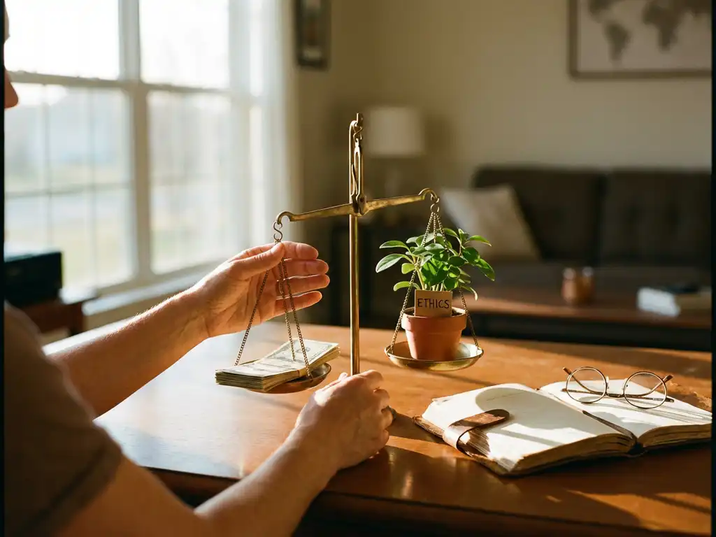Brass balance scale on wooden desk weighing dollar bills against potted plant, with hands adjusting scale in golden sunlight.