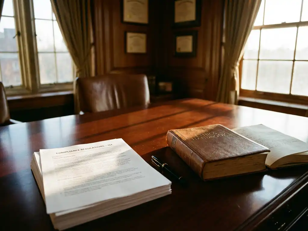 Open ethics handbook and legal compliance documents on mahogany boardroom table with fountain pen in executive office
