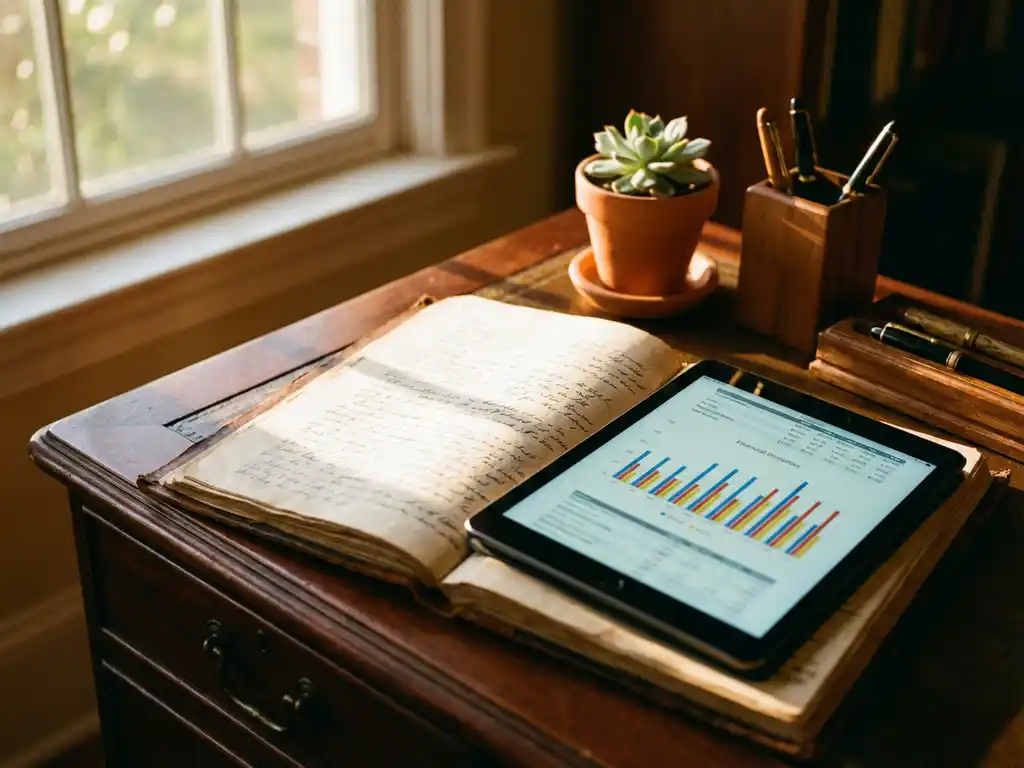 Mahogany desk with open handwritten ledger and modern tablet displaying cash flow charts in warm sunlight