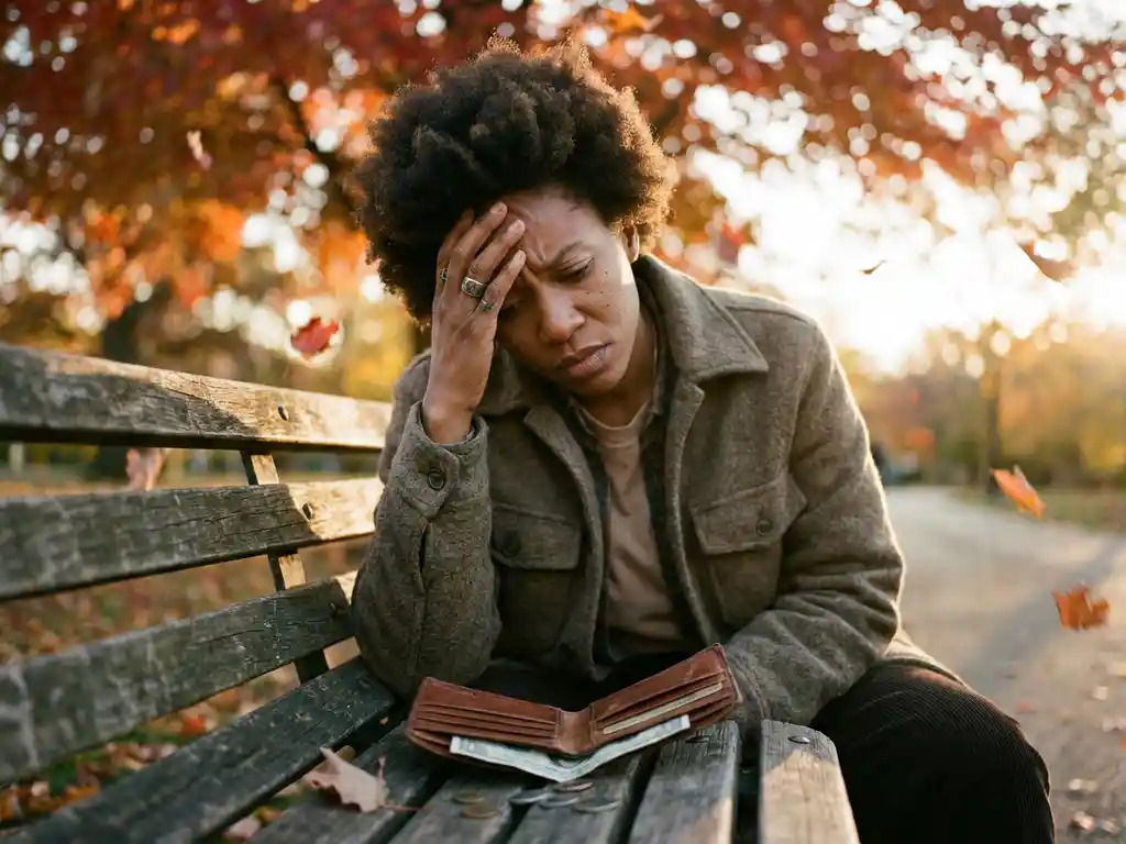 Person sitting on park bench holding open wallet with money spilling out, hand on forehead in contemplation amid autumn leaves