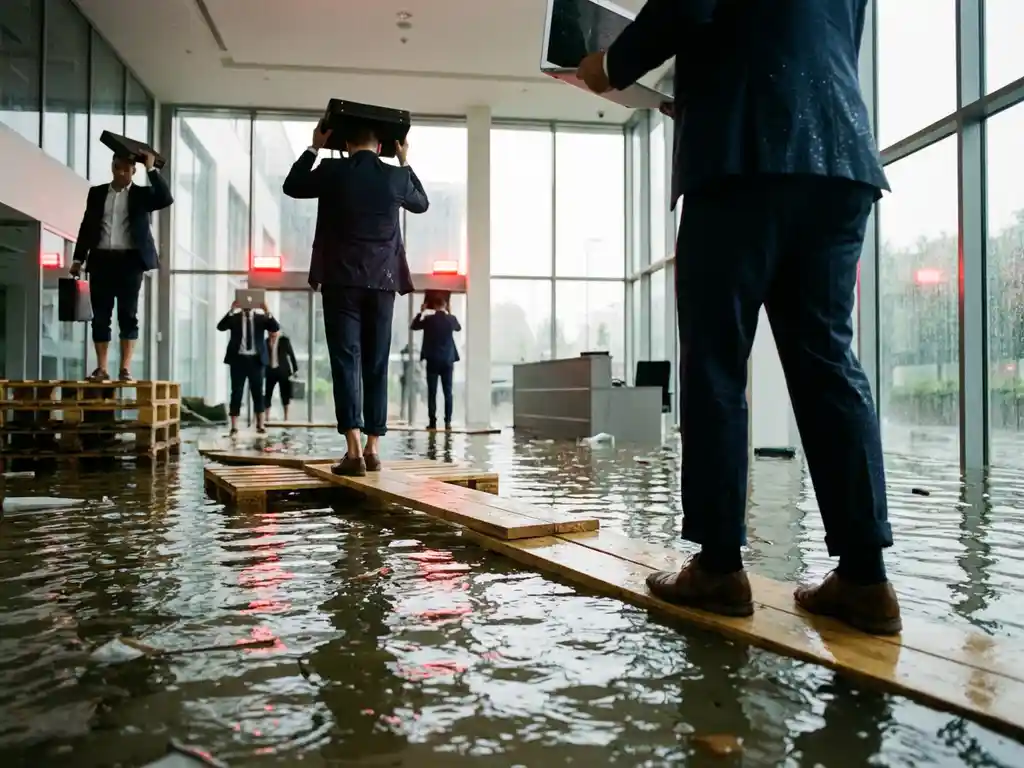 Business professionals in suits navigate flooded office building lobby with briefcases raised above rising floodwater.