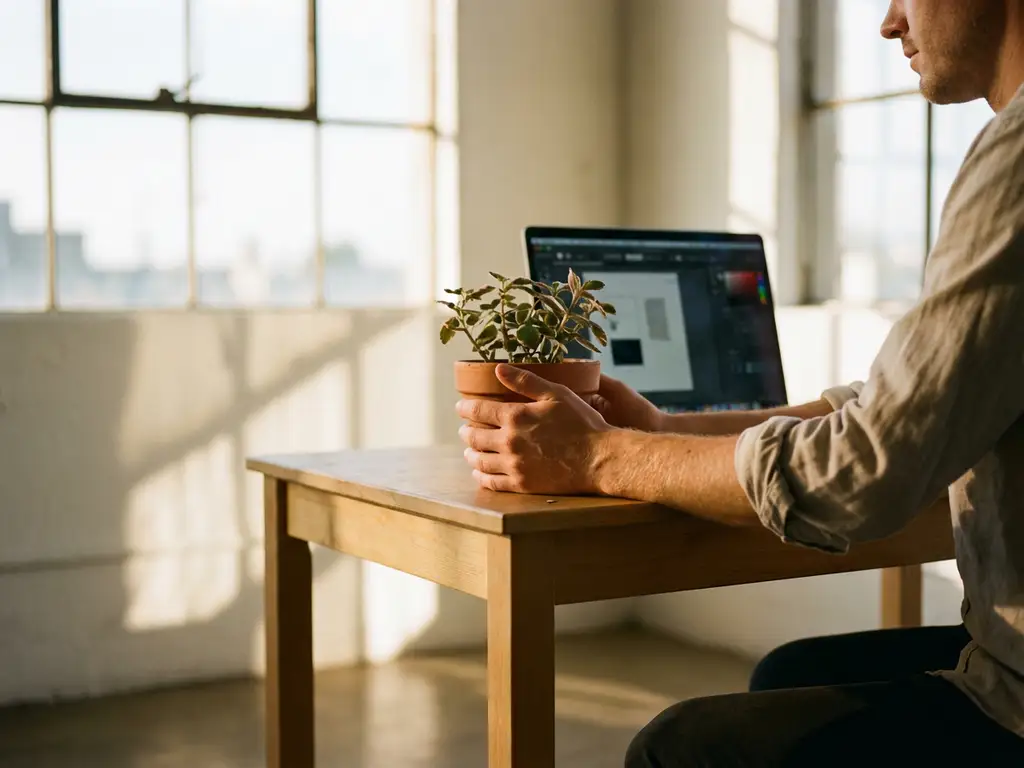 Freelancer cupping small potted plant at wooden desk in sunlit home office with laptop showing work projects
